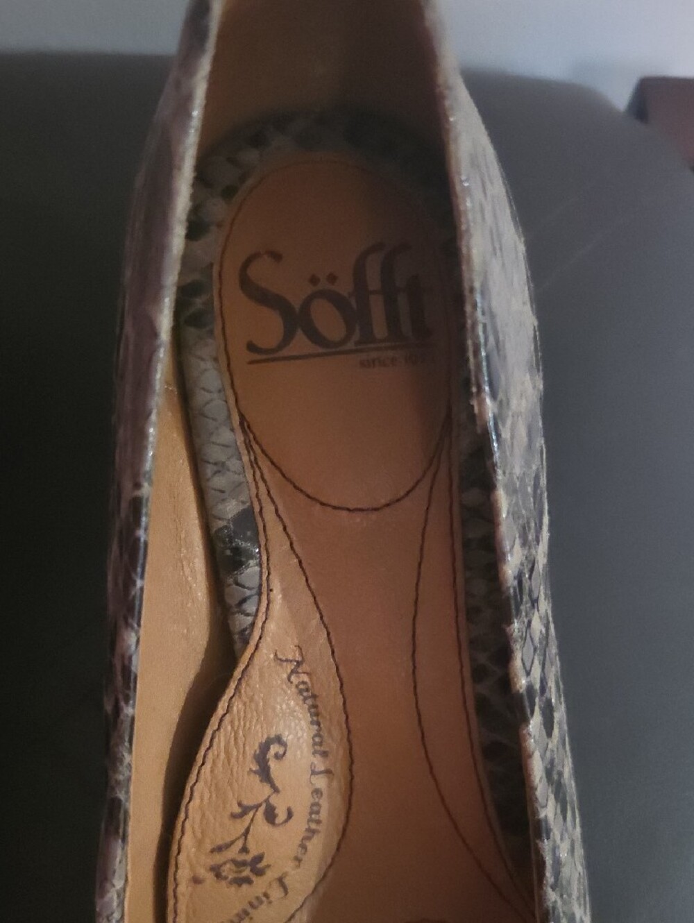 Sofft Snake-Print Pointed Flats in Gray and Brown - Picture 2 of 7